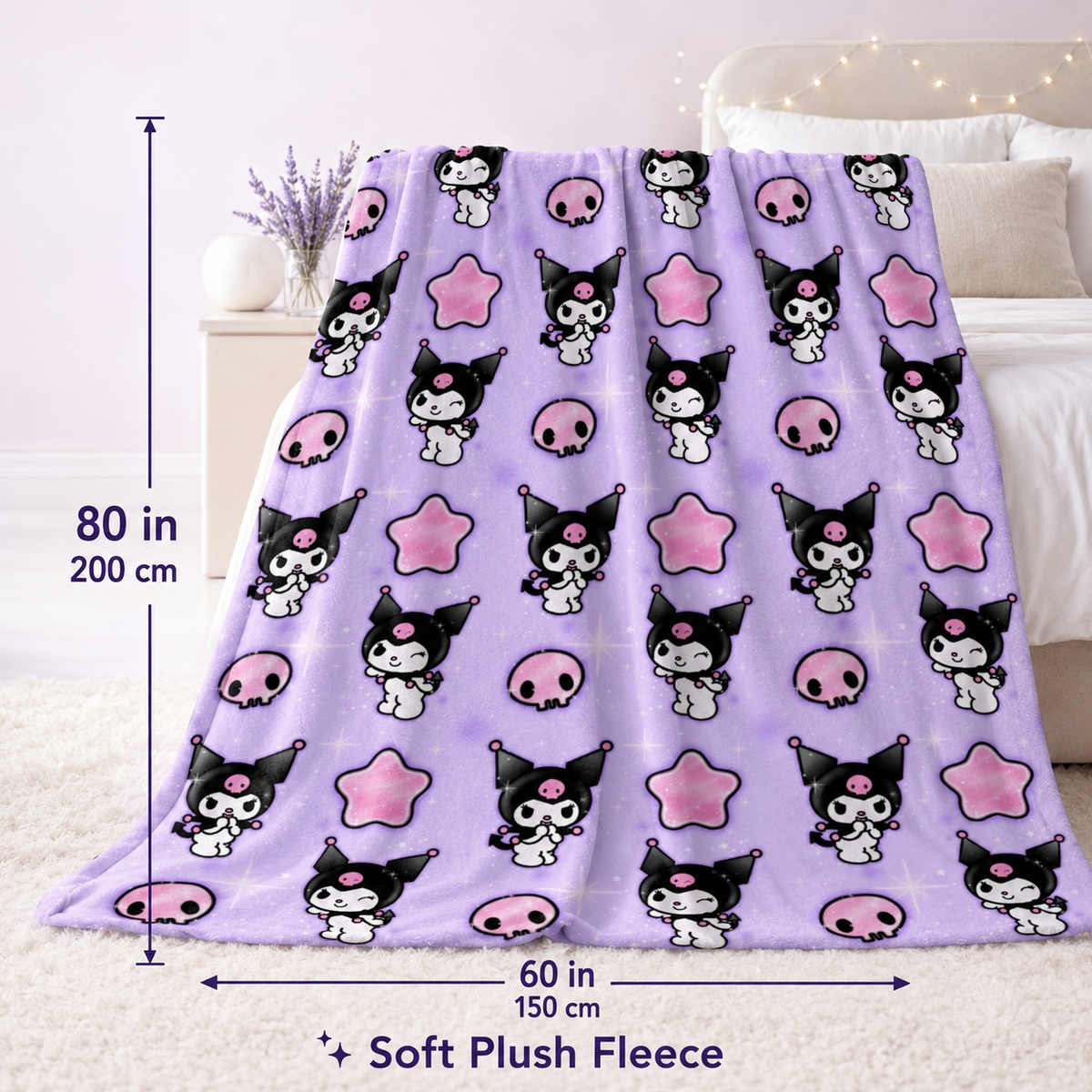 Midnight Sparkle Kuromi Purple Full Sized Blanket
