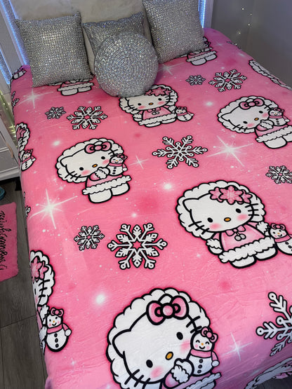 Hello Kitty Pink Snow Winter Blanket Queen Size