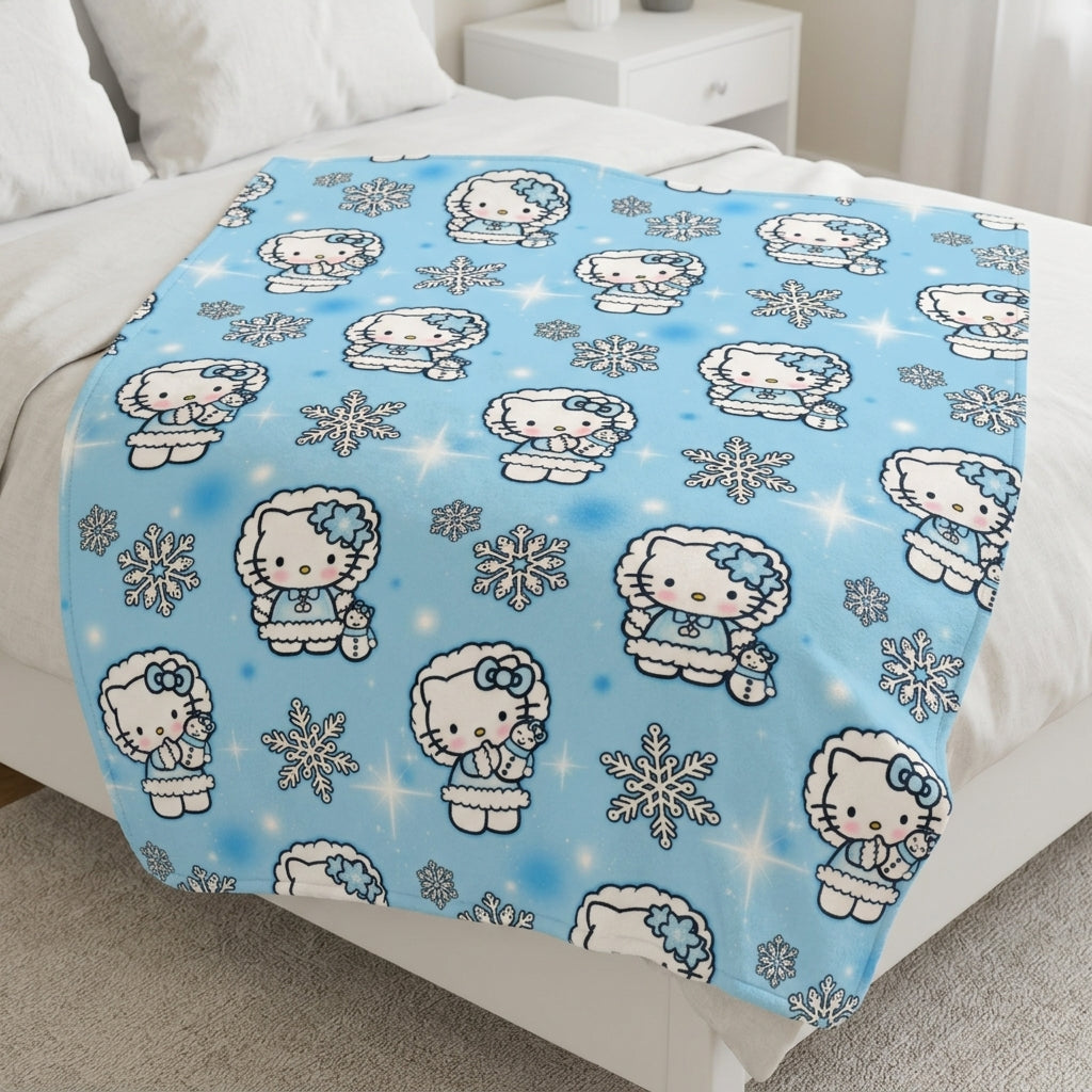 Blue Kitty Snow Plush Blanket